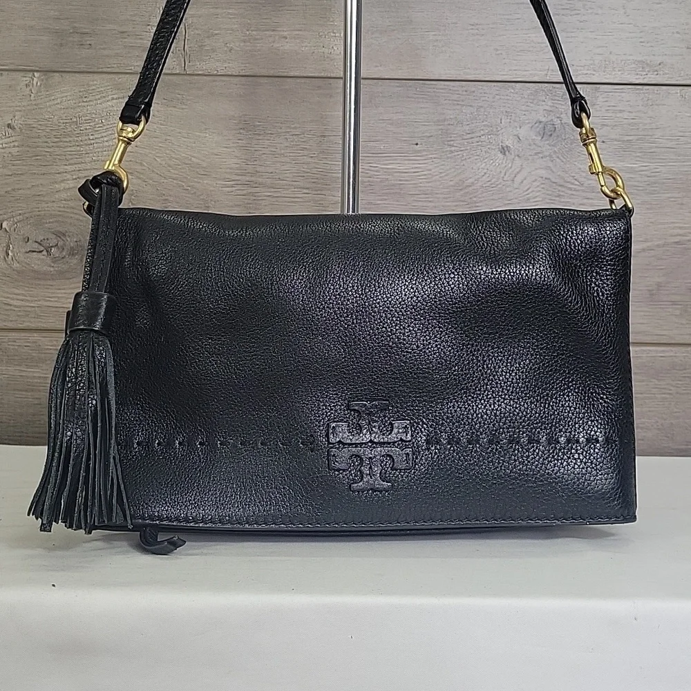 Tory Burch McGraw Black Pebble Leather Fold Over Crossbody Shoulder Bag